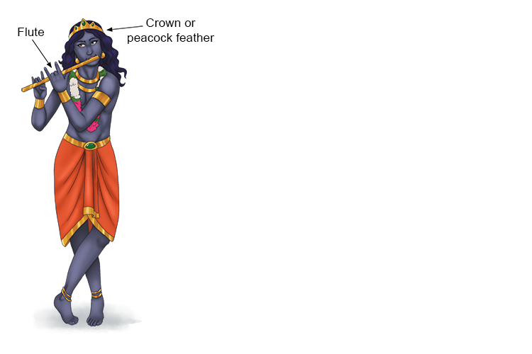 Lord Krishna is depicted as holding a flute and although commonly depicted as blue, his skin was actually black.